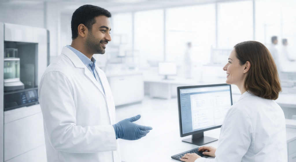 Laboratory professionals discussing data displayed on a computer screen in a modern clinical lab.