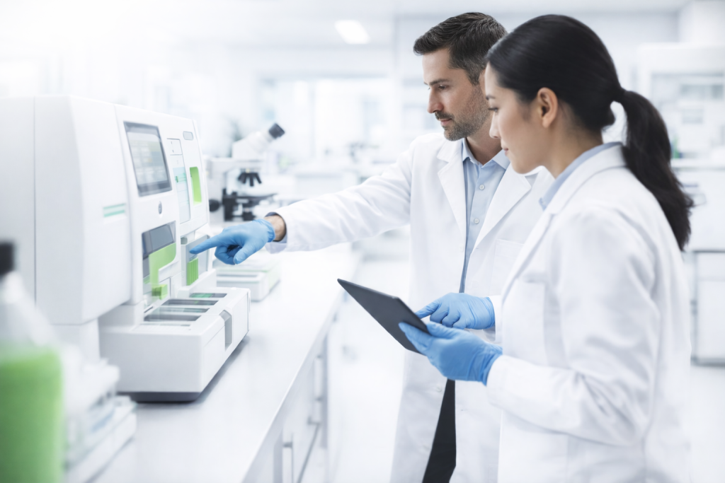 Laboratory professionals working together on an automated diagnostic analyzer.