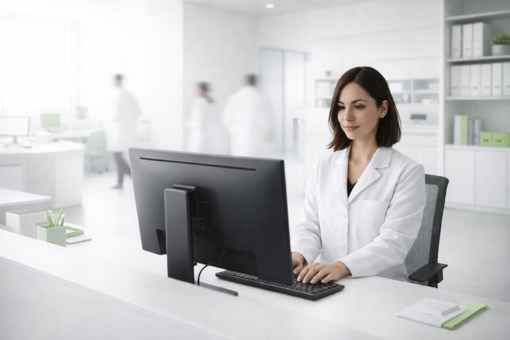 Laboratory receptionist working at a computer in a modern clinical facility.