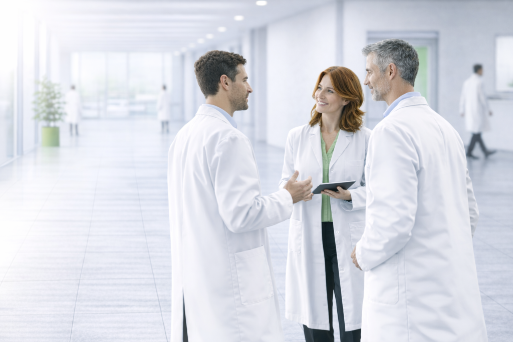 Medical professionals discussing together in a hospital corridor.
