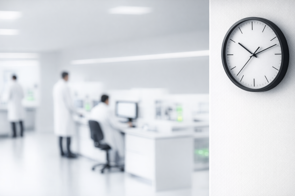 Clock on a wall overlooking a modern clinical laboratory with staff working at their stations.