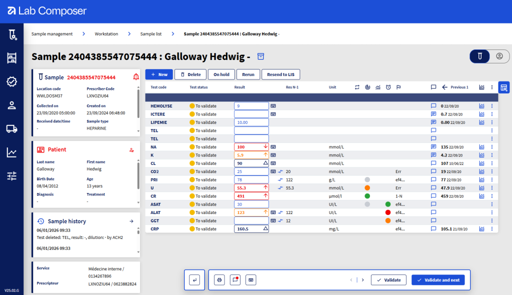Lab Composer smart validation interface displaying patient results across multiple disciplines with bulk action controls and traceability features