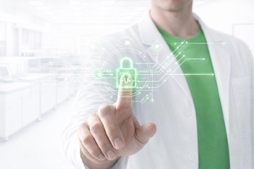 Laboratory professional activating a digital security lock interface to protect data privacy.