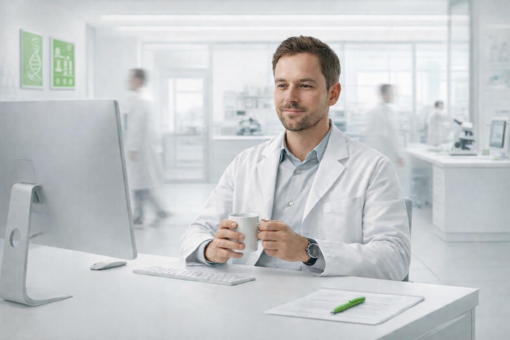 Laboratory professional reviewing validated test results while working at a computer in a modern clinical lab.