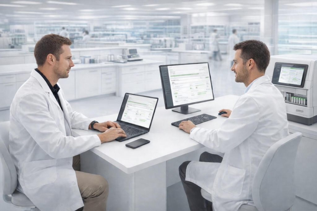 Laboratory professionals working on laptops and desktops to configure and review integrated diagnostic systems in a modern clinical lab.