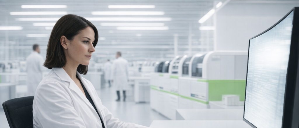 Laboratory technician working at a computer in an automated clinical lab equipped with advanced diagnostic instruments.