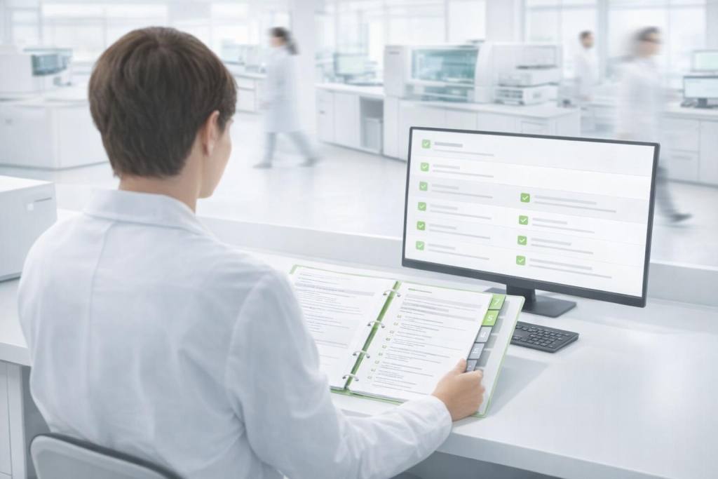 Laboratory professional reviewing quality management documents and digital checklists on a computer in a modern clinical lab.