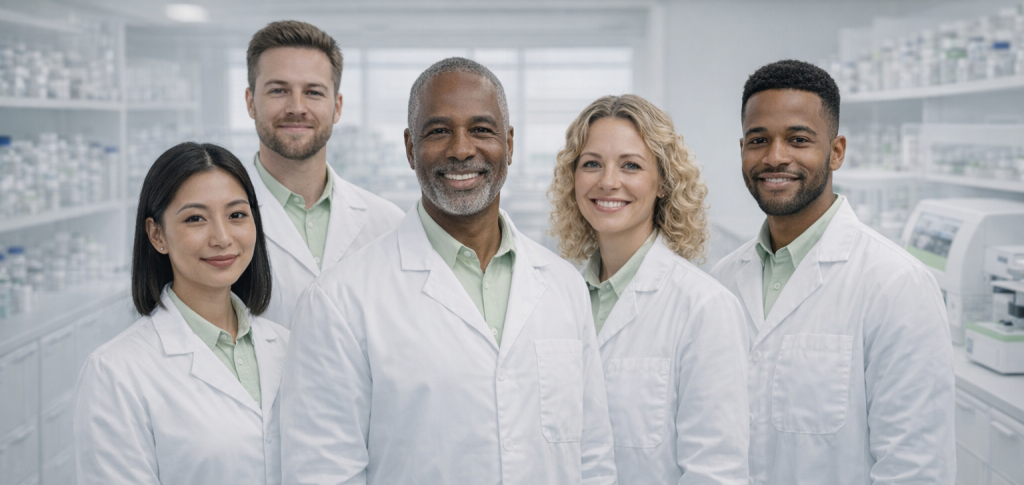 Group of laboratory professionals standing together in a clinical lab environment, representing teamwork and scientific expertise.
