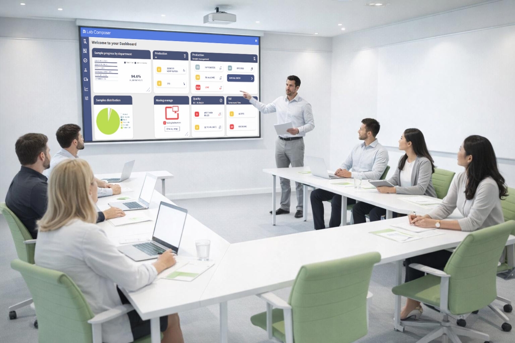 Instructor presenting a digital dashboard to a group of professionals during a training session in a modern conference room.